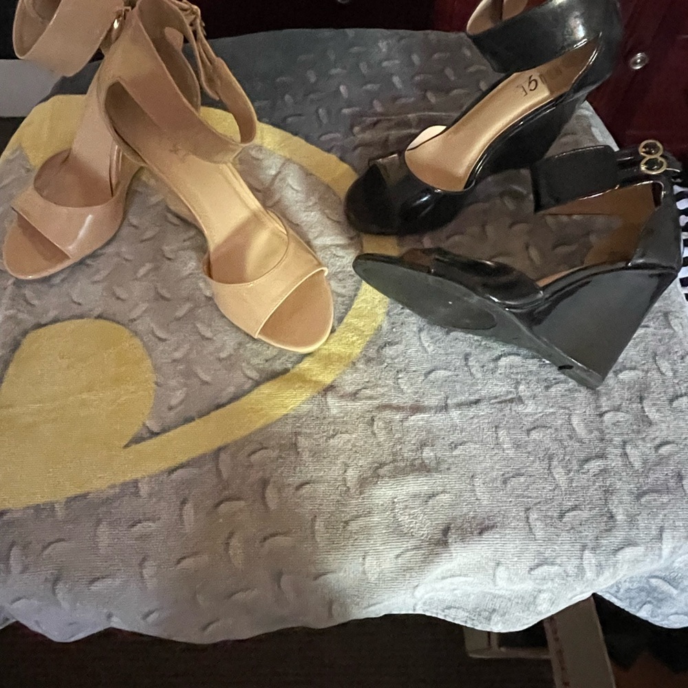 Wedge heel, Tan and black gold ankle strap accent buckle with zip back